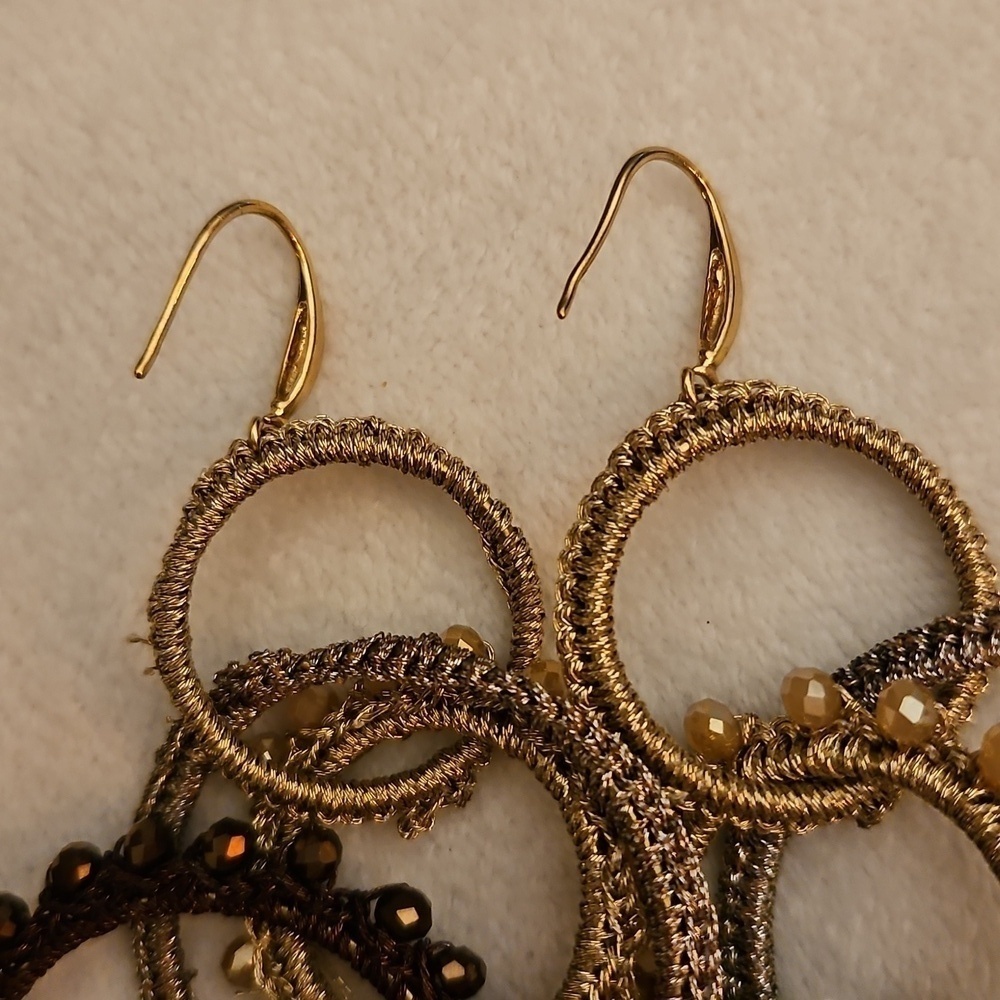 Interlocking Circle Hoops Macrame Crystal Beaded Festival Dangle Earrings - Picture 5 of 5